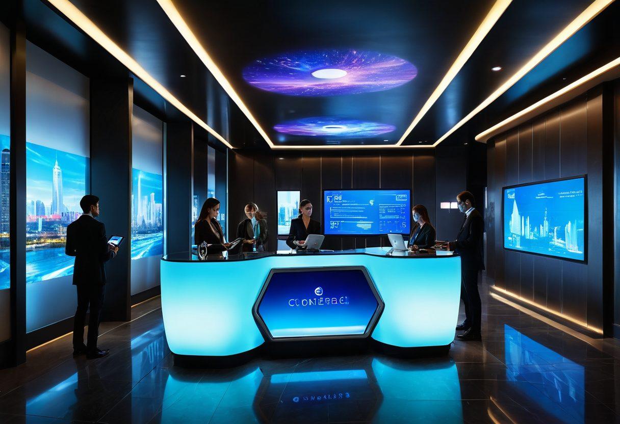 A sleek, modern hotel lobby with a concierge desk where a guest is checking in using a tablet. Surrounding the desk, staff members use tablets to assist other guests. Large windows show a cityscape outside and a digital screen displaying hotel features is in the background. The image exudes innovation and convenience. super-realistic. vibrant colors.