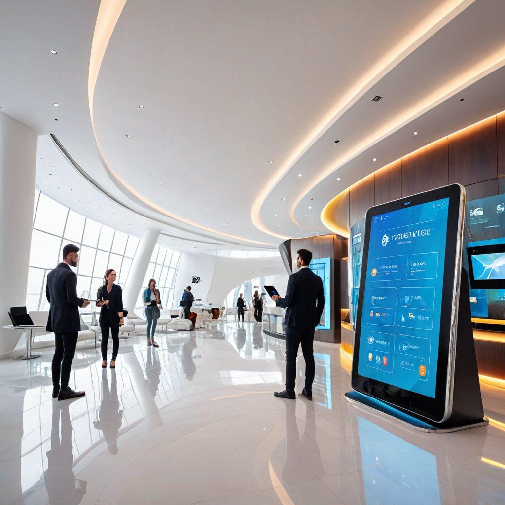 A luxurious hotel lobby with modern design, featuring guests interacting with sleek tablets for check-in and room services. Staff nearby are assisting via tablet devices, showcasing a seamless and smart experience. Large digital screens display vibrant, welcoming messages and personalized guest information. Futuristic ambiance with high-tech amenities prominently displayed. Super-realistic. Vibrant colors. White background.