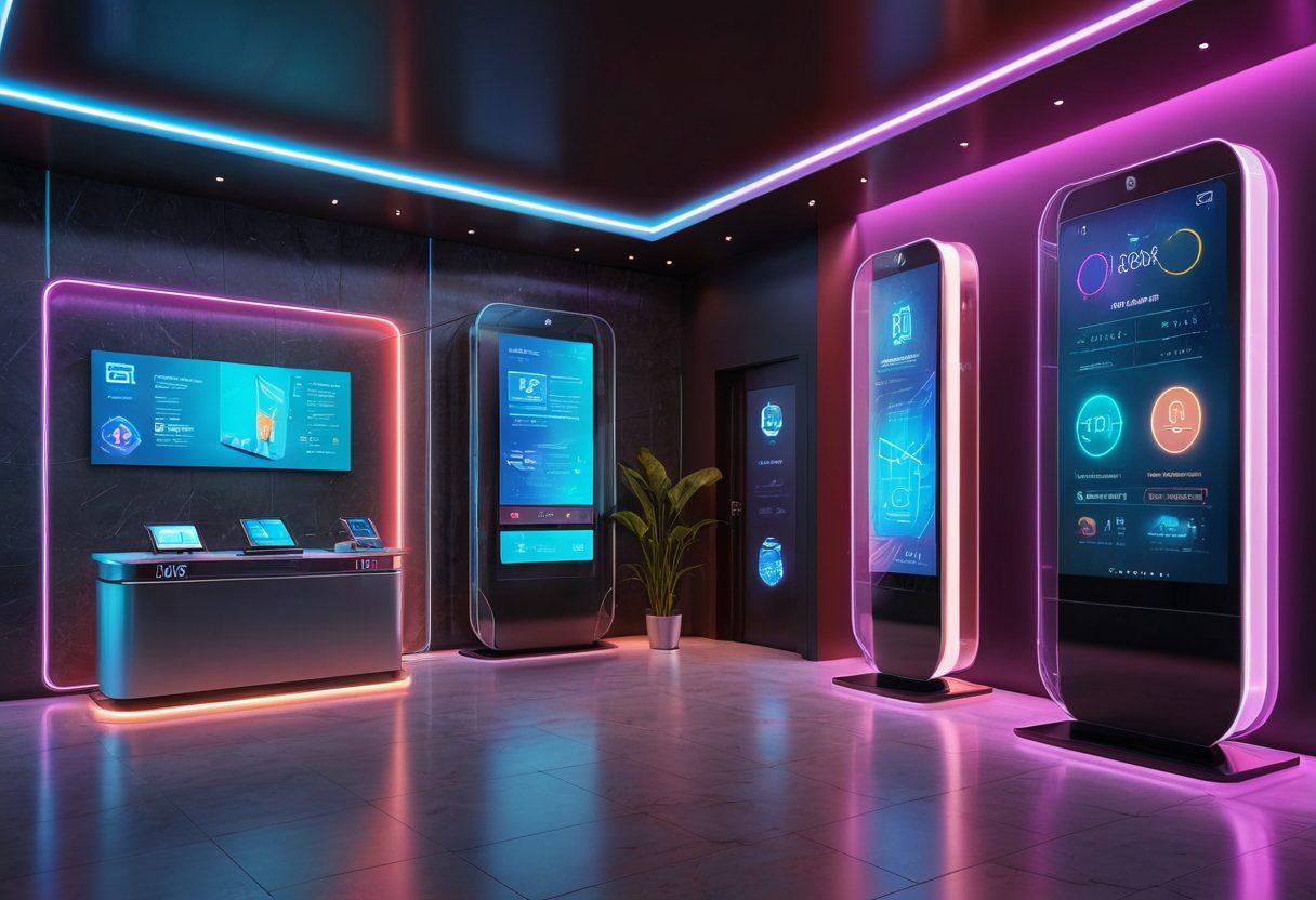 A futuristic hotel lobby with sleek, minimalistic design featuring automated check-in kiosks, guests interacting with virtual concierge holograms, and robotic assistants delivering room service. Transparent screens display real-time room availability and smart home features control room settings. Vibrant colors with a hi-tech, neon glow. 3D, super-realistic.